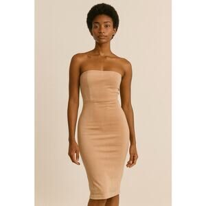 Kookai Quiet Luxury Bodycon Strapless Midi Dress Small Beige Minimalist Capsule